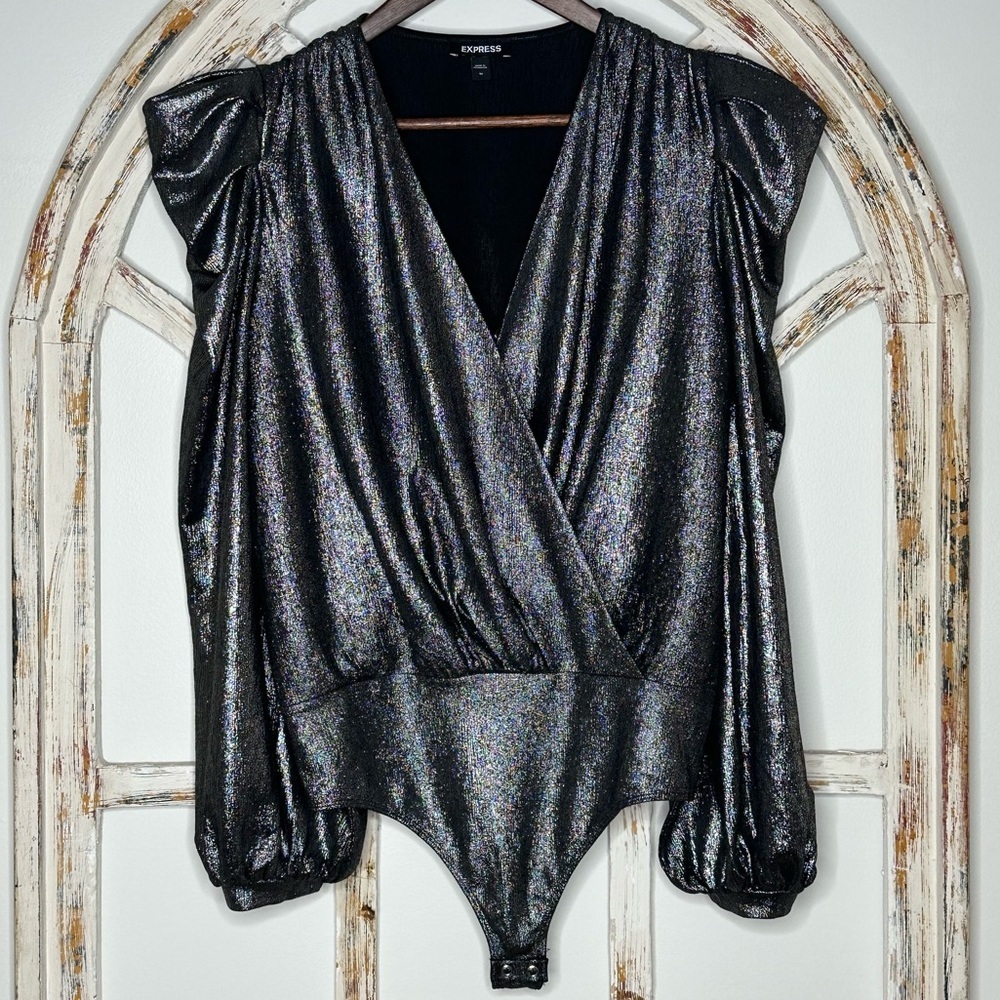 Express Bodysuit with Shoulder Pads- Silver Metallic